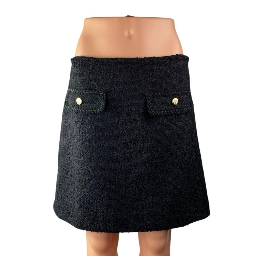 LOFT Womens Black Bouche Tweed High Waist Mini Gold Button Pocket A-Line Skirt 8